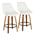 Diana 26" Contemporary Fixed-Height Counter Stool with Swivel in Walnut Wood and White Faux Leather with Round Black Metal Footrest- Set of 2 — pair view