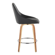Diana counter stool in Zebra Wood, Black PU, Chrome Metal, side view, featuring swivel and wood frame