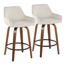 Daniella 26" Contemporary Fixed-Height Counter Stool with Swivel in Walnut Wood and Cream Fabric with Round Black Metal Footrest- Set of 2 — pair view