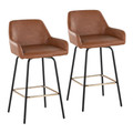 Daniella Upholstered 26" Contemporary Fixed-Height Counter Stool with Swivel in Black Metal and Camel Faux Leather with Square Gold Metal Footrest- Set of 2 — pair view