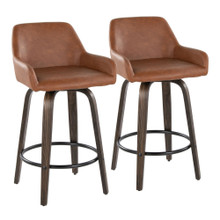 Daniella 26" Contemporary Fixed-Height Counter Stool with Swivel in Walnut Glazed Wood and Camel Faux Leather with Round Black Metal Footrest- Set of 2 — pair view