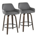 Daniella 26" Contemporary Fixed-Height Counter Stool with Swivel in Walnut Glazed Wood and Grey Faux Leather with Round Black Metal Footrest- Set of 2 — pair view