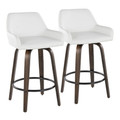 Daniella 26" Contemporary Fixed-Height Counter Stool with Swivel in Walnut Glazed Wood and White Faux Leather with Round Black Metal Footrest- Set of 2 — pair view