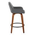 Daniella counter stool in Walnut Wood, Black Metal, Grey PU, side view, featuring swivel and wood frame