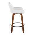 Daniella counter stool in Walnut Wood, Black Metal, White PU, side view, featuring swivel and wood frame