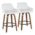 Daniella 26" Contemporary Fixed-Height Counter Stool with Swivel in Walnut Wood and White Faux Leather with Round Black Metal Footrest- Set of 2 — pair view