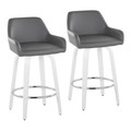 Daniella 26" Contemporary Fixed-Height Counter Stool with Swivel in White Wood and Grey Faux Leather with Round Chrome Footrest- Set of 2 — pair view