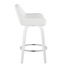 Cinch counter stool in White Wood, White PU, Chrome Metal, side view, featuring swivel and wood frame