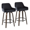 Daniella 26" Contemporary Fixed-Height Counter Stool with Swivel in Walnut Glazed Wood and Black Velvet with Round Black Metal Footrest- Set of 2 — pair view