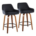 Daniella 26" Contemporary Fixed-Height Counter Stool with Swivel in Walnut Wood and Black Velvet with Round Black Metal Footrest- Set of 2 — pair view