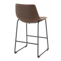 Duke counter stool in Black Metal, Espresso PU, Orange Zig Zag Stitching, back and side view, featuring metal footrest