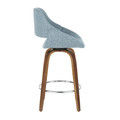 Fabrizzi counter stool in Walnut Wood, Blue Fabric, Chrome, side view, featuring metal footrest