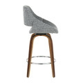 Fabrizzi counter stool in Walnut Wood, Grey Fabric, Chrome, side view, featuring wood frame and metal footrest