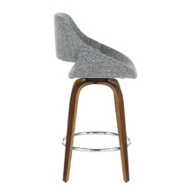 Fabrizzi counter stool in Walnut Wood, Grey Fabric, Chrome, side view, featuring wood frame and metal footrest