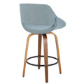 Fabrizzi counter stool in Walnut Wood, Blue Noise Fabric, Black Metal, back and side view, featuring metal footrest