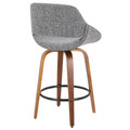 Fabrizzi counter stool in Walnut Wood, Grey Noise Fabric, Black Metal, back and side view, featuring wood frame and metal footrest