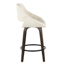 Fabrizzi counter stool in Walnut Glazed Wood, Cream Noise Fabric, Black Metal, side view, featuring swivel and wood frame
