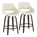 Fabrico 26" Mid-Century Modern Fixed-Height Counter Stool with Swivel in Walnut Glazed Wood and Cream Noise Fabric with Round Black Metal Footrest- Set of 2 — pair view