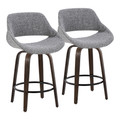 Fabrico 26" Mid-Century Modern Fixed-Height Counter Stool with Swivel in Walnut Glazed Wood and Grey Noise Fabric with Round Black Metal Footrest- Set of 2 — pair view