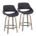 Fabrico 26" Mid-Century Modern Fixed-Height Counter Stool with Swivel in Light Grey Wood and Charcoal Fabric with Round Black Metal Footrest- Set of 2 — pair view