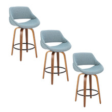 Fabrico 26" Mid-Century Modern Fixed-Height Counter Stool with Swivel in Walnut Wood and Blue Noise Fabric with Round Black Metal Footrest- Set of 3 — pair view