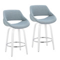 Fabrico 26" Contemporary Fixed-Height Counter Stool with Swivel in White Wood and Blue Noise Fabric with Round Chrome Footrest- Set of 2 — pair view