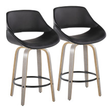 Fabrico 26" Mid-Century Modern Fixed-Height Counter Stool with Swivel in Light Grey Wood and Black Faux Leather with Round Black Metal Footrest- Set of 2 — pair view