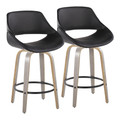 Fabrico 26" Mid-Century Modern Fixed-Height Counter Stool with Swivel in Light Grey Wood and Black Faux Leather with Round Black Metal Footrest- Set of 2 — pair view