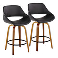 Fabrico 26" Mid-Century Modern Fixed-Height Counter Stool with Swivel in Walnut Wood and Black Faux Leather with Round Black Metal Footrest- Set of 2 — pair view