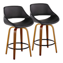 Fabrico 26" Mid-Century Modern Fixed-Height Counter Stool with Swivel in Walnut Wood and Black Faux Leather with Round Black Metal Footrest- Set of 2 — pair view