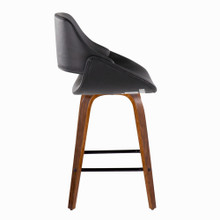 Fabrizzi counter stool in Walnut Wood, Black PU, Black Metal, side view, featuring swivel and wood frame