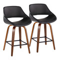 Fabrico 26" Mid-Century Modern Fixed-Height Counter Stool with Swivel in Walnut Wood and Black Faux Leather with Square Black Metal Footrest- Set of 2 — pair view