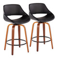 Fabrico Mid-Century Modern Fixed-Height Counter Stool in Walnut Wood with Round Black Footrest and Black Faux Leather- Set of 2 — pair view