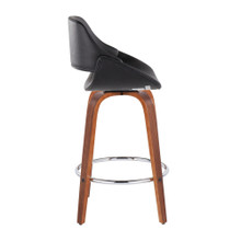 Fabrizzi counter stool in Walnut Wood, Black PU, Chrome, side view, featuring metal footrest