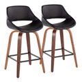 Fabrico 26" Mid-Century Modern Fixed-Height Counter Stool in Walnut Wood with Square Black Footrest and Black Faux Leather- Set of 2 — pair view