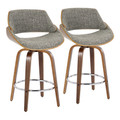 Fabrizzi 26" Mid-Century Modern Fixed-Height Counter Stool with Swivel in Walnut Wood and Noise Grey Fabric with Round Chrome Metal Footrest- Set of 2 — pair view