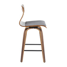 Folia counter stool in Walnut Wood, Grey Fabric, Black Metal, side view, featuring upholstered seat