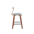 Folia counter stool in Walnut Wood, Teal Fabric, Black Metal, side view, featuring upholstered seat
