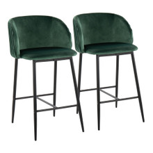 Fran Pleated Contemporary Fixed-Height Counter Stool in Black Metal and Green Velvet- Set of 2 — pair view