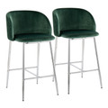 Fran Pleated Waves Contemporary/Glam Fixed-Height Counter Stool in Chrome Metal and Green Velvet- Set of 2 — pair view