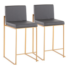 Fuji Contemporary High Back Counter Stool in Gold Steel and Grey Faux Leather- Set of 2 — pair view