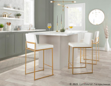 Fuji counter stool in Gold Steel, White PU, featuring faux leather design and leather design