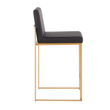 Fuji counter stool in Gold Steel, Black PU, side view, featuring faux leather design and leather design