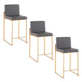 Fuji 26" Contemporary High Back Counter Stool in Gold Steel and Grey Faux Leather- Set of 3 — pair view