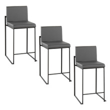 Fuji 26" Contemporary High Back Counter Stool in Black Steel and Grey Faux Leather- Set of 3 — pair view