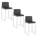 Fuji 26" Contemporary High Back Counter Stool in Stainless Steel and Black Faux Leather- Set of 3 — pair view