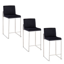 Fuji 26" Contemporary High Back Counter Stool in Stainless Steel and Black Velvet- Set of 3 — pair view