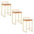 Fuji 26" Contemporary Stackable Counter Stool in Gold Metal with Camel Faux Leather Cushion- Set of 3 — pair view