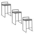 Fuji 26" Contemporary Stackable Counter Stool in Black Metal with Grey Faux Leather Cushion- Set of 3 — pair view
