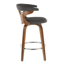 Gardenia counter stool in Walnut Wood, Charcoal Fabric, Chrome, side view, featuring swivel and upholstered seat